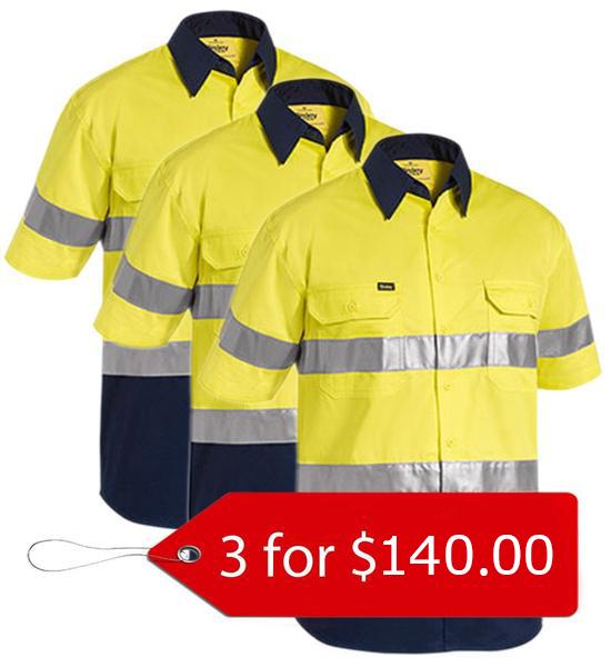Bisley 3M Taped Two Tone Hi Vis Cool Lightweight Shirt - Short Sleeve-3 Packs-(BS1896-1)