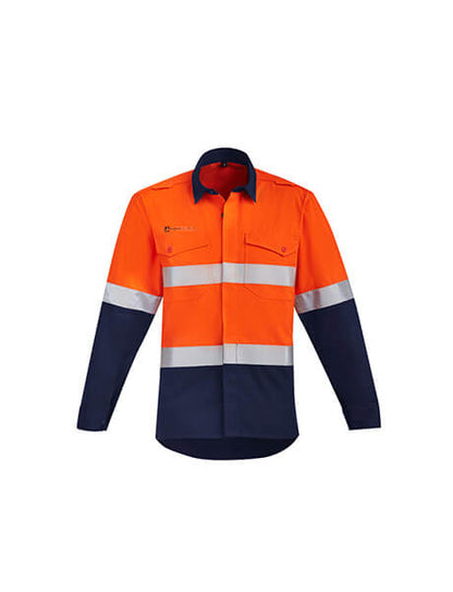 Syzmik Mens Orange Flame Hi Vis Open Front Spliced Shirt - Hoop Taped (ZW140)