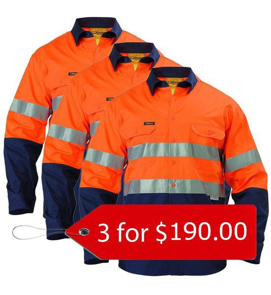 Bisley 2 Tone Hi Vis Gusset Cuff Shirt 3M Reflective Tape-3 Packs-(BS6896-1)
