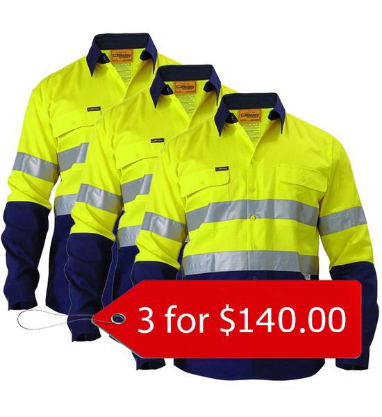Bisley 2 Tone Hi Vis Shirt 3M Reflective Tape - Long Sleeve-3 Packs-(BT6456-1)