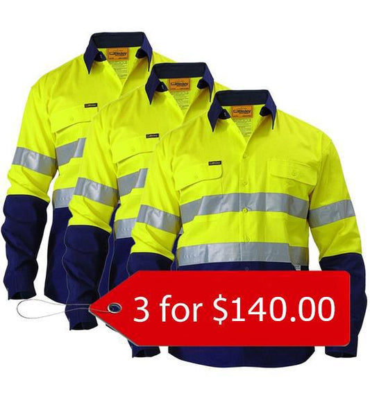 Bisley 2 Tone Hi Vis Shirt 3M Reflective Tape - Long Sleeve-3 Packs-(BT6456-1)