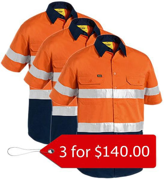 Bisley 3M Taped Two Tone Hi Vis Cool Lightweight Shirt - Short Sleeve-3 Packs-(BS1896-1)