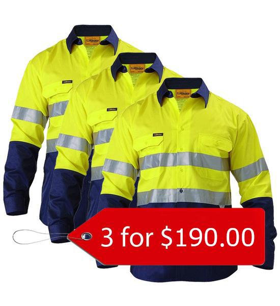 Bisley 2 Tone Hi Vis Gusset Cuff Shirt 3M Reflective Tape-3 Packs-(BS6896-1)