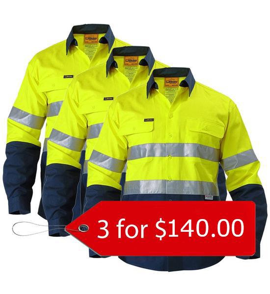 Bisley 2 Tone Hi Vis Shirt 3M Reflective Tape - Long Sleeve-3 Packs-(BT6456-1)
