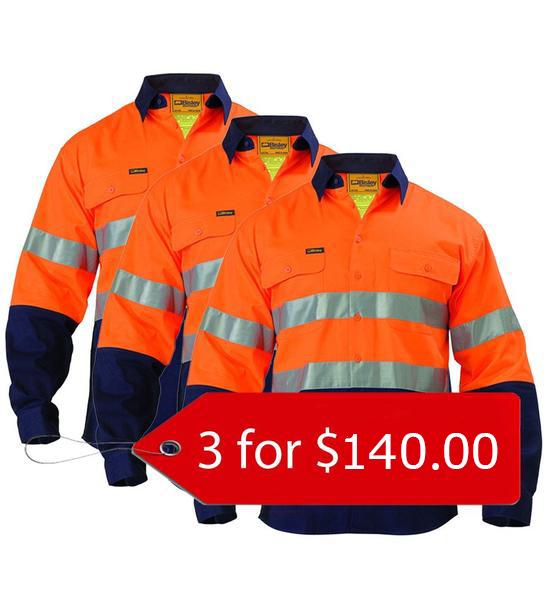 Bisley 2 Tone Hi Vis Shirt 3M Reflective Tape - Long Sleeve-3 Packs-(BT6456-1)
