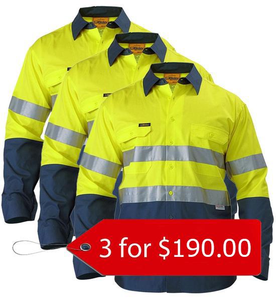 Bisley 2 Tone Hi Vis Gusset Cuff Shirt 3M Reflective Tape-3 Packs-(BS6896-1)