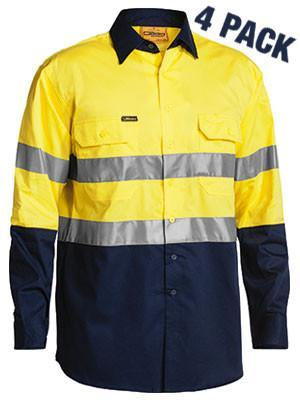 Bisley 2 Tone Hi Vis Gusset Cuff Shirt 3M Reflective-L/S 4 Pack-(BS68964P)