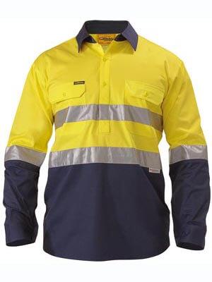 Bisley 2 Tone Hi Vis Cool Lightweight Closed Front Shirt 3M Reflective Tape - Long Sleeve-(BSC6896)