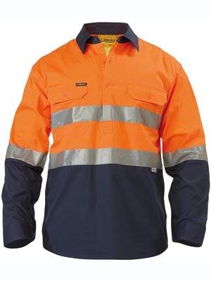 Bisley 2 Tone Hi Vis Cool Lightweight Closed Front Shirt 3M Reflective Tape - Long Sleeve-(BSC6896)