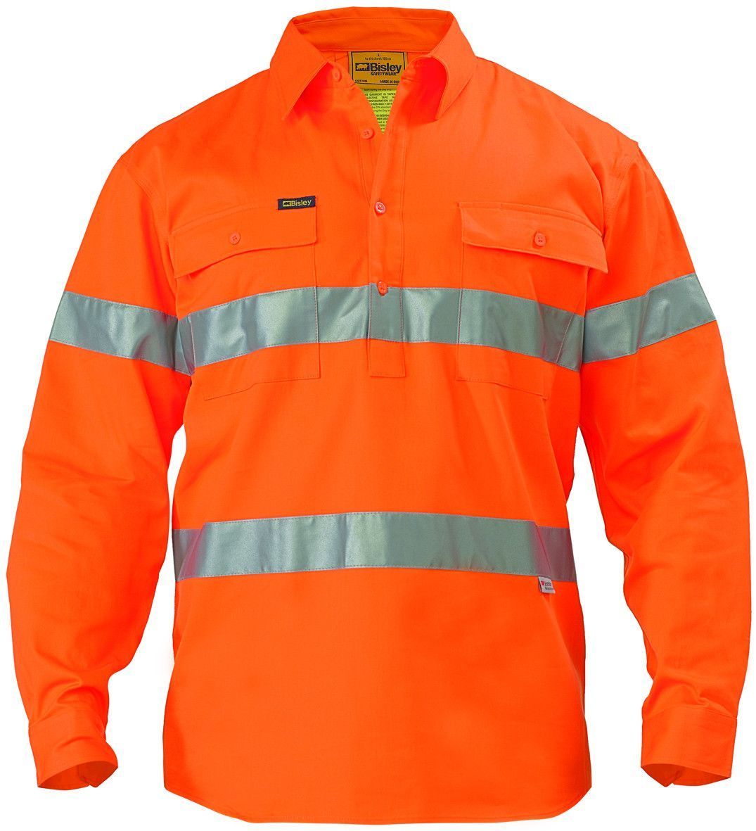 Bisley Hi Vis Closed Front Drill L/S Shirt 3M Reflective Tape-(BTC6482)
