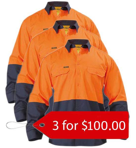 Bisley 2 Tone Hi Vis Cool Lightweight Mesh Ventilated Drill Shirt - Long Sleeve-3 Pack-(BS6895-1)