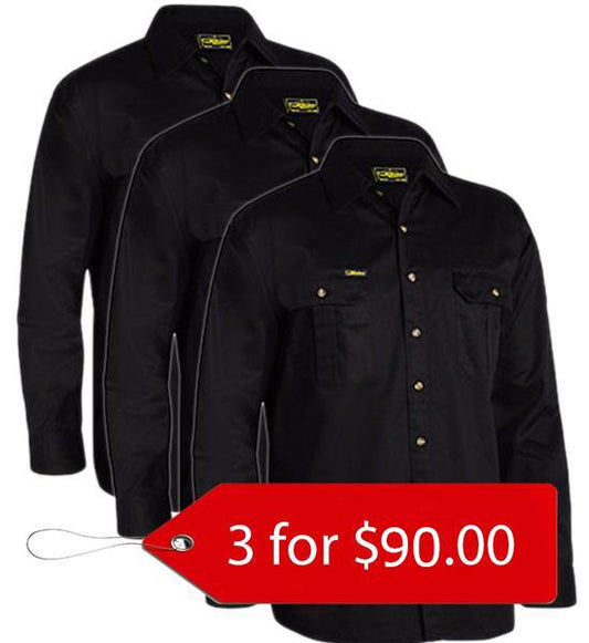 Bisley Original Cotton Drill Shirt - Long Sleeve- 3 Pack-(BS6433-1)