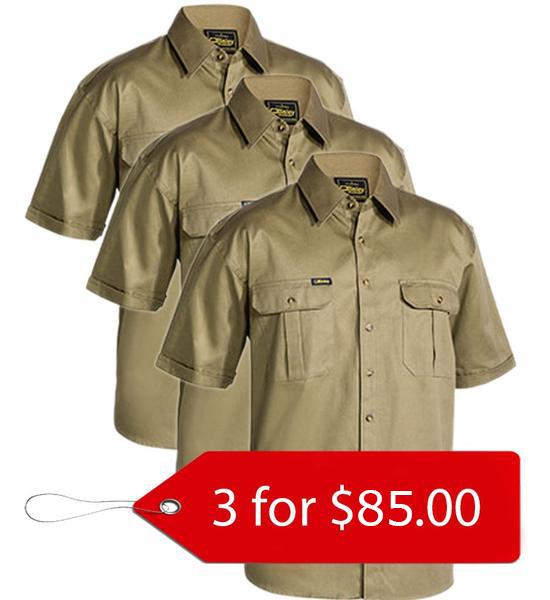 Bisley Original Cotton Drill Shirt - Short Sleeve-3 Pack-(BS1433-1)