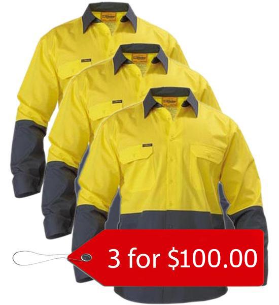 Bisley 2 Tone Hi Vis Cool Lightweight Mesh Ventilated Drill Shirt - Long Sleeve-3 Pack-(BS6895-1)