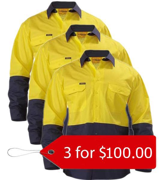 Bisley 2 Tone Hi Vis Cool Lightweight Mesh Ventilated Drill Shirt - Long Sleeve-3 Pack-(BS6895-1)