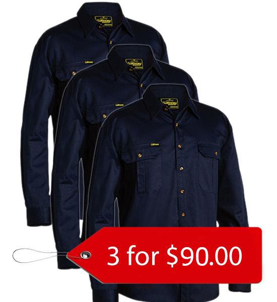 Bisley Original Cotton Drill Shirt - Long Sleeve- 3 Pack-(BS6433-1)