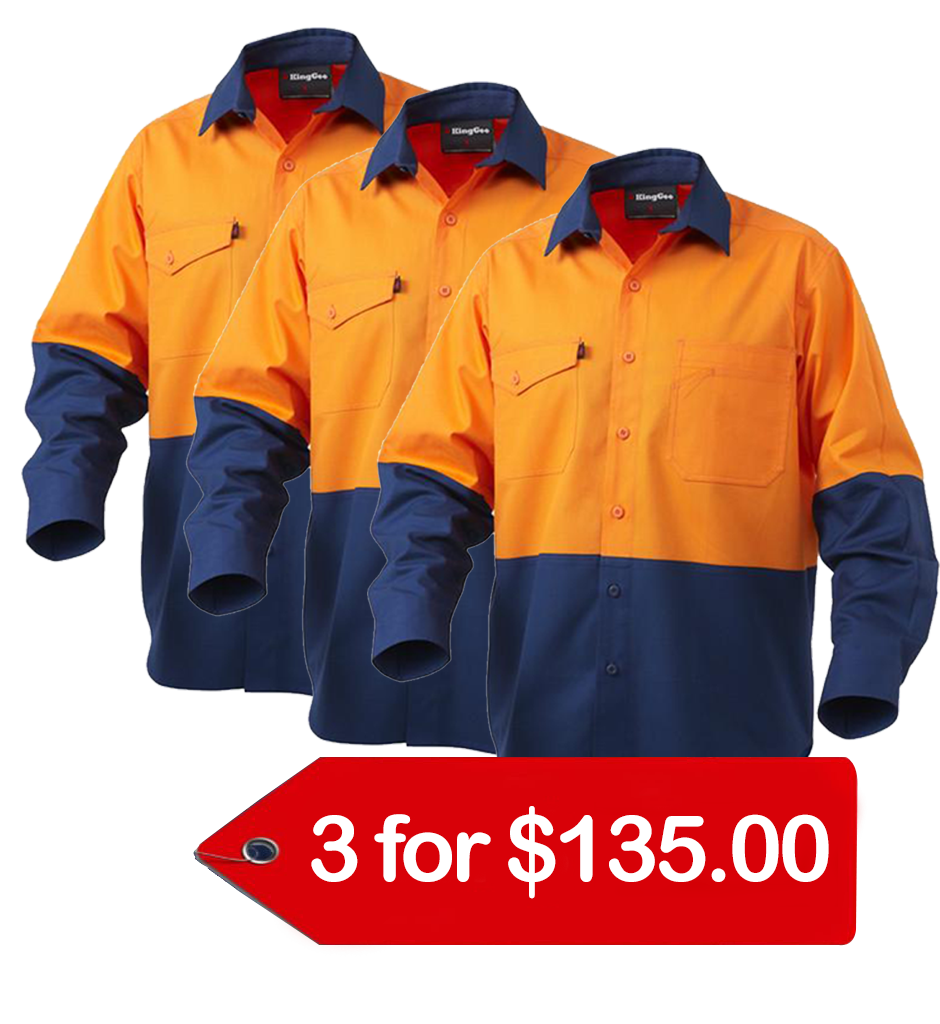 KingGee Workcool 2 Spliced Shirt L/s - Cotton Ripstop (K54870-1)-3 Pack