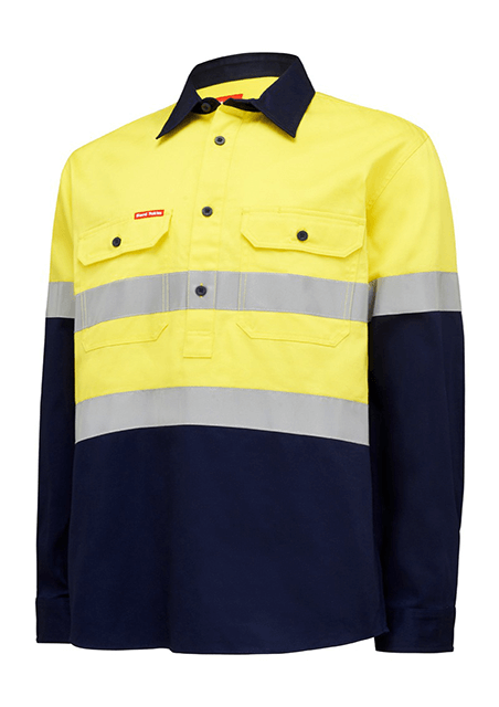 Hard Yakka Hi Vis L/Slv H/Weight Closed Front 2 Tone Cotton Drill Shirt W/Tape (Y04615)